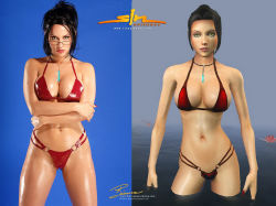 Rule 34 | 3d, bianca beauchamp, bikini, black hair, breasts, cleavage, comparison, cosplay, cosplay photo, elexis sinclaire, glasses, green eyes, jewelry, large breasts, multi-strapped bikini, nail polish, navel, necklace, photo (medium), red bikini, red nails, sin (game), standing, swimsuit, thong bikini, wading, water