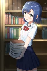 Rule 34 | 1girl, blue hair, blue skirt, blush, book, book stack, bookshelf, bow, bowtie, bra, bra visible through clothes, braid, buttons, cpk prd, highres, holding, holding book, idolmaster, idolmaster million live!, image sample, indoors, looking at viewer, nanao yuriko, open collar, open mouth, pink bra, pleated skirt, red ribbon, ribbon, school uniform, see-through, shirt, short hair, short sleeves, skirt, solo, twitter sample, underwear, white shirt, yellow eyes