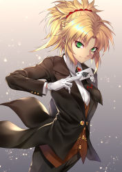 Rule 34 | 1girl, ace (playing card), ace of spades, blonde hair, braid, breasts, butler, card, collared shirt, commentary request, cowboy shot, fate/grand order, fate (series), female butler, formal, french braid, gloves, gradient background, green eyes, hair ornament, hair scrunchie, highres, holding, holding card, jacket, mordred (fate), mordred (fate/apocrypha), mordred (formal dress) (fate), nasaniliu, necktie, pants, playing card, ponytail, scrunchie, shirt, small breasts, smile, solo, spade (shape), spots, suit, suit jacket, vest, white gloves, white shirt
