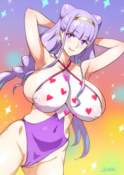 Rule 34 | 10s, 1girl, arms behind head, arms up, artist request, breasts, cameltoe, cleft of venus, collarbone, cone hair bun, covered erect nipples, covered navel, earrings, gradient background, groin, hair bun, hairband, hip focus, huge breasts, hugtto! precure, jewelry, joy ride, long hair, orange background, precure, purple background, purple eyes, purple hair, ruru amour, signature, skindentation, solo, very long hair