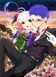 Rule 34 | 1boy, 1girl, :o, ahoge, alternate costume, bad id, bad pixiv id, blue eyes, blue hair, chain, couple, flower, formal, frills, glasses, gloves, hat, hetero, hubert ozwell, multicolored hair, official alternate costume, open mouth, pants, pascal (tales), pink flower, pink rose, planet, red hair, rose, short hair, space, suit, tales of (series), tales of graces, two-tone hair, uehara yukine, white gloves, white hair, yellow eyes