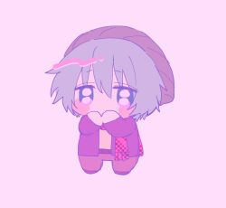 Rule 34 | 1boy, aqua hair, beanie, belt, blush stickers, brown footwear, brown pants, chibi, fringe trim, full body, hand to own mouth, hands up, hat, hiyori sou, jacket, kimi ga shine, long sleeves, looking at viewer, male focus, no fingers, no nose, pants, pastel colors, pink background, polka dot, polka dot scarf, purple jacket, red scarf, scarf, shirt, shoes, short hair, solo, uououoon, yellow shirt