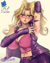 Rule 34 | 1girl, arm behind head, armpits, artist name, belt, blindhunter99, blonde hair, blush, breasts, cleavage, detached sleeves, hair between eyes, highres, kujaku mai, large breasts, long hair, looking at viewer, midriff, nail polish, navel, parted lips, pink belt, pink corset, purple eyes, purple skirt, purple sleeves, purple vest, shadow, skirt, solo, spread armpit, upper body, vest, yellow background, yu-gi-oh!, yu-gi-oh! duel monsters