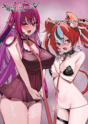 Rule 34 | 2girls, absurdres, animal ears, bdsm, bikini, blue eyes, blush, breasts, breath, collar, english text, fang, female pubic hair, hakos baelz, heterochromia, highres, hololive, hololive english, horns, irys (hololive), large breasts, leash, looking at viewer, medium breasts, micro bikini, mouse ears, mouse girl, mouse tail, multicolored hair, multiple girls, navel, nightgown, open mouth, paid reward available, pointy ears, pubic hair, purple eyes, purple nails, pussy, red hair, slave, spiked collar, spikes, stomach, streaked hair, sweat, swimsuit, tail, thigh strap, torpedo (gad3757), virtual youtuber