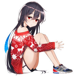 Rule 34 | 1girl, absurdres, black hair, blush, boku no kanojo wa ningyohime!?, christmas, closed mouth, dolphin shorts, from side, gym shorts, hair between eyes, highres, legs together, long hair, looking at viewer, making-of available, off shoulder, own hands together, red eyes, shoes, short shorts, shorts, simple background, sitting, sneakers, solo, the cold, thighs, very long hair, white background