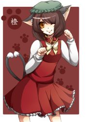 Rule 34 | 1girl, animal ears, bad id, bad pixiv id, brown eyes, brown hair, cat ears, cat girl, cat tail, chen, earrings, female focus, hat, heart, heart tail, jewelry, lion nicole, multiple tails, nicole (lion), one eye closed, paw pose, short hair, solo, tail, touhou, wink