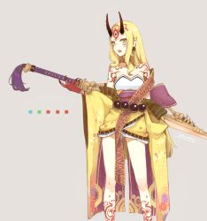 Rule 34 | 1girl, beads, blonde hair, demon girl, fate/grand order, fate (series), fingernails, holding, holding sword, holding weapon, horns, ibaraki douji (fate), japanese clothes, kimono, legs apart, long hair, looking at viewer, off shoulder, oni, open mouth, pointy ears, prayer beads, sharp fingernails, simple background, solo, standing, sword, tattoo, very long hair, weapon