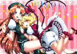 Rule 34 | 2girls, blonde hair, bloomers, blue eyes, braid, grabbing another&#039;s breast, breasts, china dress, chinese clothes, dress, fang, female focus, flandre scarlet, grabbing, hat, hong meiling, large breasts, long hair, multiple girls, open mouth, ponytail, red eyes, red hair, sandals, satou samu, short hair, side ponytail, embodiment of scarlet devil, touhou, twin braids, underwear, wings