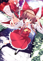 Rule 34 | 1girl, arm up, ascot, bad id, bad pixiv id, blush, brown eyes, brown hair, detached sleeves, dutch angle, from above, full body, gohei, hair ribbon, hair tubes, hakurei reimu, highres, kneehighs, long hair, long sleeves, mary janes, mushroom (artist), ofuda, open mouth, outstretched arm, ribbon, shirt, shoes, skirt, skirt set, smile, socks, solo, torii, touhou, tree shade, white socks, wide sleeves