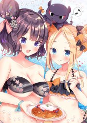 Rule 34 | 2girls, :d, :q, abigail williams (fate), bad id, bad pixiv id, bandeau, bare shoulders, bikini, black bikini, black bow, blonde hair, blush, bow, breasts, cleavage, closed mouth, collarbone, commentary, day, double bun, eighth note, emerald float, fate/grand order, fate (series), fingernails, food, fork, hair bow, hair bun, heart, highres, holding, holding fork, holding plate, katsushika hokusai (fate), katsushika hokusai (painting summer) (fate), large breasts, long hair, masayo (gin no ame), multiple girls, musical note, navel, official alternate costume, open mouth, orange bow, outdoors, pancake, parted bangs, plate, polka dot, polka dot bow, purple eyes, purple hair, side bun, sidelocks, single side bun, smile, spoken musical note, swimsuit, tokitarou (fate), tongue, tongue out, unmoving pattern, water