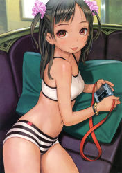 Rule 34 | 1girl, :p, absurdres, bare shoulders, boyshort panties, bra, bracelet, breasts, brown hair, camera, copyright request, cowboy shot, cropped, hair ornament, highres, jewelry, long hair, looking at viewer, lying, midriff, murata range, navel, on side, panties, purple eyes, reclining, scan, small breasts, solo, striped boyshorts, striped clothes, striped panties, tongue, tongue out, training bra, two side up, underwear, white bra, wristband