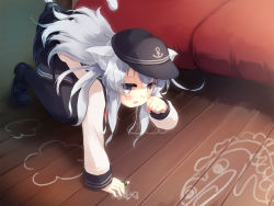 Rule 34 | 10s, 1girl, all fours, animal ears, black pantyhose, cat ears, cat tail, chalk, commentary request, couch, doodle, gengetsu chihiro, grey eyes, hat, hibiki (kancolle), highres, kantai collection, kemonomimi mode, long hair, open mouth, pantyhose, paw pose, sailor hat, school uniform, serafuku, shirt, silver hair, skirt, solo, tail, very long hair