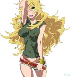 Rule 34 | 1girl, armpits, belt, blonde hair, bracelet, breast pocket, breasts, earrings, green eyes, hair over one eye, hoshii miki, idolmaster, idolmaster (classic), impossible clothes, impossible shirt, jewelry, long hair, open mouth, panties, pocket, shirt, short shorts, shorts, solo, suna (sandworks), underwear, white background