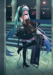 Rule 34 | 1girl, bad id, bad pixiv id, black footwear, black thighhighs, boots, detached sleeves, gloves, goggles, goggles on head, hatsune miku, headset, high heel boots, high heels, instrument, kake (kuromitsu), keyboard (instrument), long hair, looking at viewer, microphone, necktie, skirt, solo, stairs, thigh boots, thighhighs, twintails, very long hair, vocaloid