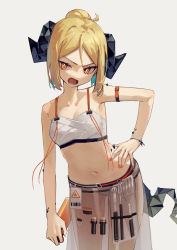 Rule 34 | 1girl, absurdres, arknights, bikini, blonde hair, breasts, demon horns, grey background, hand on own hip, highres, holding, horns, ifrit (arknights), ifrit (sunburn) (arknights), looking at viewer, material growth, navel, official alternate costume, open mouth, oripathy lesion (arknights), ponytail, see-through, short hair, simple background, small breasts, solo, stomach, swimsuit, white bikini, yellow eyes, yoon cook