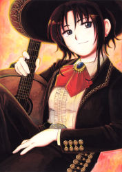 Rule 34 | 1girl, acoustic guitar, bad id, bad pixiv id, bearbarrel, belt, blue eyes, brown hair, earrings, guitar, hat, instrument, jacket, jewelry, johnny (planet3310), mariachi, mexico, mexican clothes, original, short hair, smile, solo, sombrero, uniform