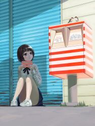 Rule 34 | 1girl, absurdres, black eyes, black hair, blue skirt, day, envelope, highres, holding, holding envelope, jewelry, necklace, okura lino, on ground, original, outdoors, postbox (outgoing mail), scenery, shadow, shirt, shoes, sitting, skirt, sneakers, solo, white footwear, white shirt