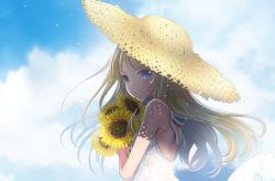 Rule 34 | 1girl, bad id, bad pixiv id, blonde hair, blue sky, cloud, cloudy sky, day, dress, flower, from side, hat, holding, holding flower, long hair, looking at viewer, looking back, original, parted lips, purple eyes, sakurai unan, sky, solo, straw hat, summer, sundress, sunflower, upper body, white dress