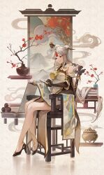 Rule 34 | 1girl, bare shoulders, black footwear, black gloves, book, book stack, chair, china dress, chinese clothes, claw ring, closed mouth, commentary, commentary request, dress, elbow gloves, english commentary, flower, full body, genshin impact, gloves, hair ornament, hair stick, high heels, highres, holding, holding scroll, kyusoukyu, long hair, looking at object, mixed-language commentary, ningguang (genshin impact), parted bangs, plant, potted plant, red eyes, red flower, scroll, sitting, sleeveless, sleeveless dress, smile, smoke, solo, tassel, tassel hair ornament, vase, very long hair, white dress