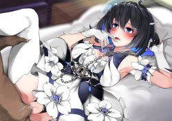 Rule 34 | 1boy, 1girl, ahoge, armpits, bad id, bad pixiv id, bed sheet, black hair, black panties, blue eyes, blue hair, blush, censored, chain, commentary, dark-skinned male, dark skin, english commentary, finger to mouth, gimnang, gloves, hair between eyes, hair ornament, hetero, highres, honkai (series), honkai impact 3rd, leg grab, lock, looking at another, lying, missionary, multicolored hair, on back, open mouth, paid reward available, panties, penis, pussy, saliva, seele vollerei, seele vollerei (stygian nymph), sex, sheet grab, solo focus, thighhighs, torn clothes, torn panties, two-tone hair, underwear, vaginal, white gloves, white thighhighs