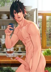 Rule 34 | 1boy, black hair, blue eyes, erection, final fantasy, final fantasy xv, highres, kitchen, male focus, maorenc, nipples, noctis lucis caelum, nude, penis, testicles