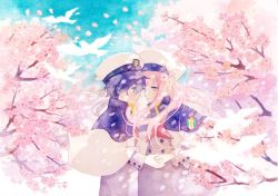 Rule 34 | 10s, 1boy, 1girl, bad id, bad twitter id, bird, black hair, blue eyes, blue sky, cherry blossoms, cloud, cloudy sky, couple, darling in the franxx, day, dress, face-to-face, facing another, floating hair, flower, forehead-to-forehead, green eyes, grey dress, grey shirt, hat, heads together, hetero, hiro (darling in the franxx), holding hands, horns, it yo boy demon, long hair, long sleeves, looking at another, military, military uniform, necktie, oni horns, peaked cap, petals, pink hair, red horns, red neckwear, shirt, sky, uniform, zero two (darling in the franxx)
