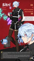 Rule 34 | 1boy, absurdres, bishounen, blue hair, chibi, cross-shaped pupils, highres, looking at viewer, male focus, multiple views, official art, red eyes, short ponytail, sitri (what in hell is bad), symbol-shaped pupils, what in hell is bad