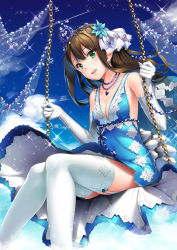 Rule 34 | 10s, 1girl, aqua dress, bare shoulders, blue dress, blush, breasts, brown hair, cleavage, dress, elbow gloves, flower, garter straps, gloves, gradient background, green eyes, hair flower, hair ornament, highres, idolmaster, idolmaster cinderella girls, jewelry, long hair, looking at viewer, necklace, neo-masterpeacer, open mouth, shibuya rin, sitting, skirt, smile, solo, swing, thighhighs, tiara, white gloves, white thighhighs