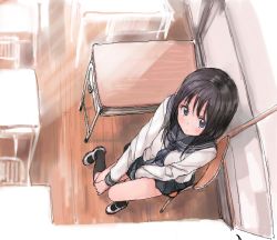 Rule 34 | 1girl, black hair, blush, desk, from above, kirisawa saki, looking at viewer, looking up, original, school desk, school uniform, serafuku, shoes, solo, uwabaki