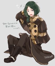 Rule 34 | !, !!, 1boy, artist name, bad id, bad twitter id, blue eyes, blush, book, boots, capelet, epaulettes, fire emblem, fire emblem: three houses, green hair, grey background, linhardt von hevring, long hair, low ponytail, male focus, nintendo, open mouth, sitting, solo, tozakuro s, uniform