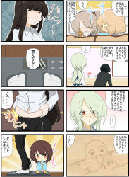Rule 34 | !, ..., 4koma, 5girls, :i, ?, aged down, bandages, belly grab, black hair, black pants, black ribbon, black suit, blanket, blonde hair, blue shirt, blunt bangs, blush, boko (girls und panzer), brown eyes, brown hair, closed eyes, closed mouth, comic, dress shirt, eyes visible through hair, finger to mouth, formal, frown, futon, girls und panzer, green hair, grin, hair ribbon, hair tie, highres, holding, holding stuffed toy, indoors, jinguu (4839ms), kindergarten uniform, light brown hair, long hair, long sleeves, looking at another, looking at viewer, low twintails, lying, mother and daughter, multiple 4koma, multiple girls, navel, nishizumi maho, nishizumi miho, on back, on side, pants, parted lips, pillow, red eyes, ribbon, shirt, short hair, shushing, sitting, skirt, sleeping, smile, socks, spoken ellipsis, spoken exclamation mark, spoken question mark, stuffed animal, stuffed toy, suit, sweatdrop, teddy bear, translation request, twintails, weighing scale, weight conscious, white legwear, white shirt, yellow skirt