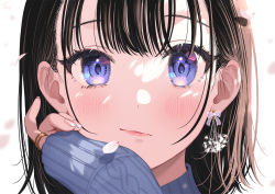 Rule 34 | 1girl, :/, black hair, blue eyes, blue sweater, blush, closed mouth, commentary request, earrings, eye focus, eyelashes, hair between eyes, jewelry, long hair, long sleeves, looking at viewer, nail polish, original, petals, portrait, ring, simple background, solo, sweater, tsukana (saba mizore), white background