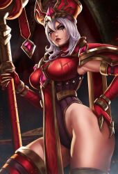 Rule 34 | 1girl, artist name, black eyeshadow, boots, bracelet, breasts, claws, dandon fuga, elbow gloves, eyeshadow, gloves, gold trim, grey hair, hand on own hip, hat, highres, holding, holding staff, human (warcraft), jewelry, large breasts, leotard, lips, long hair, looking at viewer, makeup, pink gemstone, priest (warcraft), purple eyes, red gloves, red hat, sally whitemane, shiny clothes, solo, staff, thigh boots, two-tone leotard, warcraft, world of warcraft