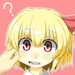 Rule 34 | 1girl, ?, blonde hair, cheek pinching, female focus, hecchi (blanch), pinching, pink background, portrait, red eyes, rumia, simple background, solo, touhou