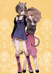 Rule 34 | 2girls, animal ears, arm around neck, bad id, bad pixiv id, black choker, blonde hair, blue eyes, blush, boots, breasts, choker, citti (show by rock!!), cleavage, contrapposto, copyright request, dress, grey hair, lion ears, lion tail, long sleeves, looking at another, mamaloni, mole, mole under eye, multiple girls, off shoulder, parted lips, pink footwear, ponytail, puffy pants, purple dress, red eyes, short dress, show by rock!!, smile, standing, tail, yellow background, yuri