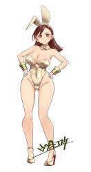 Rule 34 | 1girl, adapted costume, alternate costume, alternate hairstyle, animal ears, artist logo, bare legs, bow, bowtie, breasts, brown eyes, brown hair, commentary request, detached collar, full body, gloves, gluteal fold, half gloves, hands on own hips, highleg, highleg leotard, highres, kantai collection, large breasts, leotard, long hair, looking at viewer, ooi (kancolle), ooi kai ni (kancolle), playboy bunny, rabbit ears, simple background, smile, solo, strapless, strapless leotard, udukikosuke, white background, white bow, white bowtie, white gloves, white leotard, wide hips, wrist cuffs