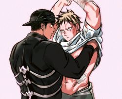 Rule 34 | 2boys, abs, aikawa (dorohedoro), backwards hat, bad id, bad pixiv id, bandages, bara, black hair, blonde hair, blush, couple, dorohedoro, facial mark, hat, highres, long sleeves, looking at another, looking up, male focus, multicolored hair, multiple boys, muscular, navel, nipples, open mouth, pants, pectorals, risu (dorohedoro), shirt, short sleeves, sideburns, steel peach, tattoo, undressing another, upper body, white background, yaoi