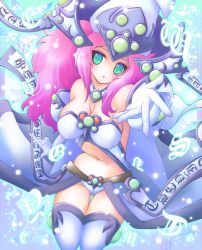 Rule 34 | 1girl, duel monster, gloves, green eyes, hat, hayabusa koi, high priestess of prophecy, long hair, magical erudite junon, pink hair, solo, thighhighs, witch hat, yu-gi-oh!