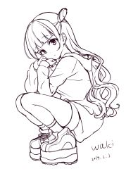 Rule 34 | 1girl, absurdres, blunt bangs, commentary request, copyright request, curly hair, day, fingernails, full body, greyscale, highres, hood, hood down, hoodie, long hair, long hoodie, long sleeves, looking at viewer, monochrome, neki (wakiko), one side up, parted lips, shoes, signature, simple background, socks, solo, squatting, very long hair, white background