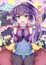 Rule 34 | 10s, 1boy, 1girl, :q, absurdres, akatsuki (log horizon), arm up, black pants, bread, closed eyes, detached sleeves, food, grey eyes, hair ornament, high ponytail, highres, holding, invisible chair, jewelry, kicking, log horizon, long hair, looking at viewer, melon bread, necklace, open mouth, pants, purple hair, shiny skin, side ponytail, sitting, sleeveless, sylphine, tongue, tongue out