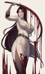 Rule 34 | 1girl, 50x48x48, absurdres, alternate costume, arm up, artist name, belt, black hair, black pantyhose, bleach, bleach: sennen kessen-hen, blood, blood drip, blood on clothes, blood on face, blood splatter, blood stain, bloody weapon, blue eyes, breasts, cleavage, commentary, feet out of frame, floating hair, green belt, highres, holding, holding sword, holding weapon, jacket, katana, large breasts, long hair, looking at viewer, mature female, military uniform, minazuki (bankai), pantyhose, parted bangs, parted lips, side slit, simple background, skirt, solo, standing, sternritter, sword, twitter username, uniform, unohana retsu, very long hair, weapon, white background, white jacket, white skirt