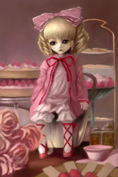 Rule 34 | 00s, 1girl, blonde hair, bow, brown eyes, cake, creepy, cross-laced footwear, dress, female focus, flower, food, fruit, full body, hair bow, hinaichigo, jacket, looking to the side, oisin, open clothes, open jacket, pantyhose, parted lips, pink bow, ribbon, rozen maiden, short hair, sitting, solo, strawberry, sweets, two side up, white dress, white pantyhose