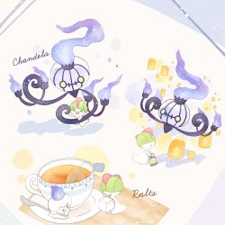 Rule 34 | blue fire, chandelure, character name, commentary request, creatures (company), cup, closed eyes, fire, fire, game freak, gen 3 pokemon, gen 5 pokemon, highres, holding, holding lantern, lantern, litwick, mofucoffee, nintendo, no humans, pokemon, pokemon (creature), ralts, saucer, sparkle, sugar cube, teabag, teacup, yellow eyes