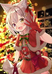Rule 34 | 1girl, absurdres, amemiya ayune, animal ear fluff, animal ears, arm up, belt, brown hair, capelet, cat ears, christmas, christmas tree, commission, dress, fur trim, gloves, heterochromia, highres, indie virtual youtuber, matcha (user yyss8744), open mouth, red capelet, red dress, red gloves, short dress, short hair, skeb commission, smile, solo, upper body, virtual youtuber, waving