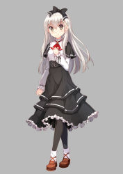 Rule 34 | 1girl, absurdres, bad id, bad pixiv id, black bow, black dress, black pantyhose, black ribbon, bow, brown eyes, dance of eternity, dress, full body, grey background, hair between eyes, hair bow, highres, lace-trimmed sleeves, lace trim, long hair, looking at viewer, original, pantyhose, ribbon, silver hair, simple background, smile, socks, socks over pantyhose, solo, white socks