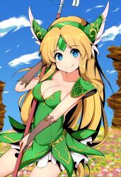 Rule 34 | 1girl, absurdres, armor, blonde hair, blue eyes, blue sky, breasts, bridal gauntlets, bright pupils, cleavage, closed mouth, cloud, collarbone, day, dress, field, flower, flower field, forehead jewel, gem, green armor, green dress, green gemstone, highres, holding, holding polearm, holding weapon, kredorf, legs apart, long hair, looking at viewer, medium breasts, outdoors, parted bangs, pauldrons, pink flower, polearm, riesz, seiken densetsu, seiken densetsu 3, short dress, shoulder armor, sky, smile, solo, spear, split mouth, standing, strapless, strapless dress, very long hair, weapon, white flower, white pupils, yellow flower