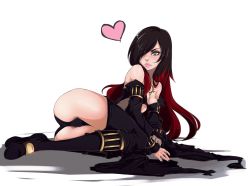 Rule 34 | 1girl, ass, bad id, bad pixiv id, bare shoulders, black footwear, black hair, black panties, black thighhighs, blue eyes, boots, breasts, cameltoe, cleavage, crow (gravity daze), detached sleeves, gravity daze, hair over one eye, heart, highres, knee boots, lips, lock &amp; sticky, long hair, lying, multicolored hair, nail polish, nose, on side, panties, red hair, solo, spoken heart, tattoo, thighhighs, two-tone hair, underwear