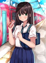 Rule 34 | 1girl, absurdres, bag, blue skirt, blue sky, blush, breasts, brown hair, can, candy, closed mouth, cloud, cloudy sky, coca-cola, collared shirt, commentary request, day, dress shirt, food, green eyes, green necktie, hair between eyes, hand up, highres, holding, holding can, idolmaster, idolmaster cinderella girls, idolmaster cinderella girls starlight stage, long hair, looking at viewer, medium breasts, necktie, norazura, outdoors, pleated skirt, school bag, shibuya rin, shirt, short sleeves, skirt, sky, solo, standing, striped necktie, striped neckwear, train, train station, transparent, white shirt