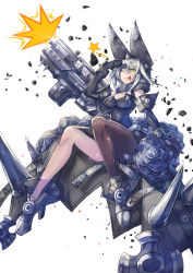 Rule 34 | 1girl, ;p, black dress, black gloves, black pantyhose, boots, breasts, cleavage, collar, dawito, dress, elbow gloves, elphelt valentine, flower, girls&#039; frontline, gloves, guilty gear, gun, hair between eyes, hat, high heels, highres, looking at viewer, medium hair, one eye closed, pantyhose, petals, rose, sangvis ferri, silver hair, simple background, smile, solo, tongue, tongue out, weapon, wedding dress, white background, yellow eyes
