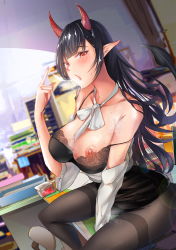 Rule 34 | 1girl, absurdres, arm support, bad id, bad pixiv id, black bra, black hair, blurry, blurry background, blush, bra, collarbone, commentary request, demon girl, demon horns, demon tail, highres, horns, huge filesize, indoors, jinpaitugounan, long hair, looking at viewer, neck ribbon, nipples, original, pantyhose, pointy ears, red eyes, ribbon, solo, suggestive fluid, tail, underwear